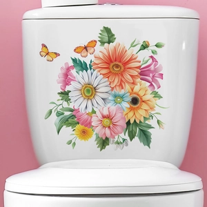 Vibrant Floral Butterfly Toilet Sticker Waterproof PVC Self Adhesive Wall Decal For Bathroom Home Art Decoration Mural