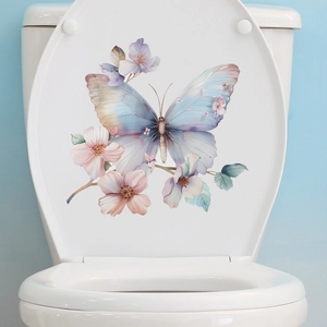 Watercolor Butterfly Flower Toilet Sticker PVC Waterproof Removable Bathroom Decal Romantic Floral Home Decoration Mural