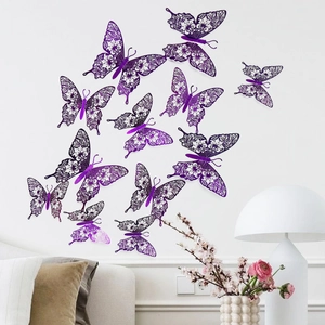 Detailed view of purple 3D hollow butterfly wall stickers with intricate floral patterns