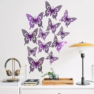 Detailed view of 12pcs purple hollow butterfly wall stickers with laser-cut floral patterns