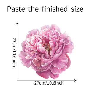 Detail view of pink peony flower wall sticker with 27cm size measurement and dimensions