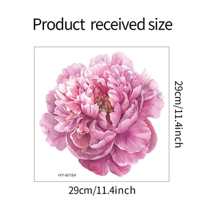 Detail showing 29x29cm pink peony flower toilet sticker with product size dimensions