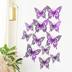 Detail of 12pcs purple hollow butterfly wall stickers with metallic floral carving pattern