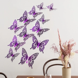 Detail view of 3D hollow purple butterfly wall stickers in various sizes for home decor