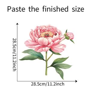 Detail showing pink peony wall sticker with size dimensions 28.5cm by 11.2 inches