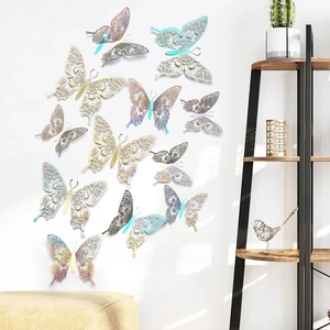 Holographic 3D butterfly wall stickers with intricate laser-cut hollow patterns