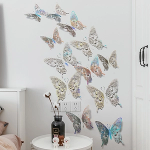 Detailed view of 3D hollow iridescent butterfly wall stickers with metallic rainbow reflection