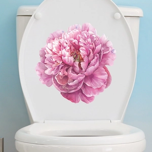 Self-adhesive pink peony flower sticker for white toilet lid decoration in modern bathrooms