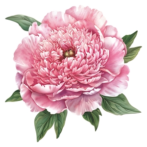 Close-up of pink peony flower wall sticker with watercolor effect and green leaves