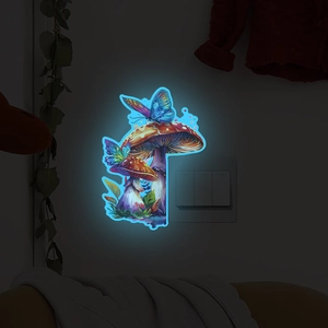 Luminous wall sticker with colorful mushrooms and butterflies around light switch