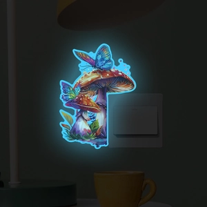 Luminous wall sticker showing glowing mushrooms and butterflies near a light switch at night