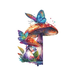Luminous wall sticker featuring vibrant red mushrooms and blue butterflies on a white background