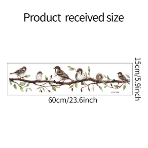 Detail showing self-adhesive wall sticker with birds on branches and product dimensions