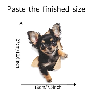 3D wall sticker dimensions showing 27x19cm size for the dog peering through hole