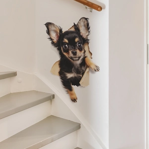 3D hole wall sticker featuring cute Chihuahua dog for home staircase decoration