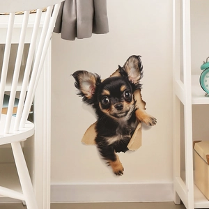 3D wall sticker featuring a cute long-haired Chihuahua puppy breaking through a white wall