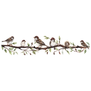 Watercolor wall sticker featuring five sparrows on a leafy branch with a bird nest