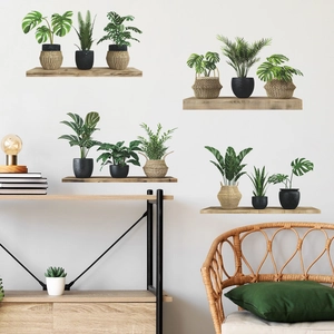 Tropical potted plant wall decals featuring monstera and palm leaves on wood shelf