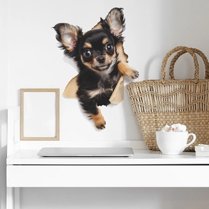 Creative 3D wall sticker featuring a realistic Chihuahua dog peeping through a cracked wall