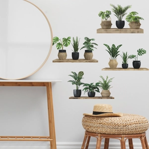 Nordic wall stickers featuring 3D potted green plants on wood shelves for home decoration