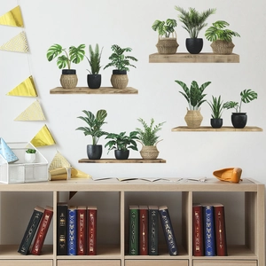 Detail of self-adhesive wall stickers with green potted plants and wooden shelf design