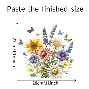 Detail view of floral wall sticker with sunflower and butterfly and 27x28cm size mark