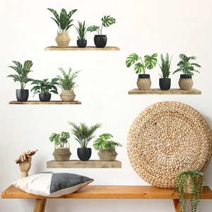 Self-adhesive 3D wall stickers featuring a set of four potted green plants on wood shelves