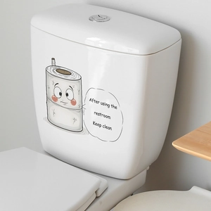 Close-up of cute cartoon toilet paper sticker with Keep Clean text on white tank