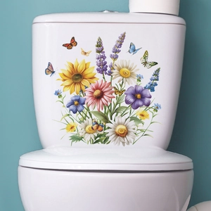 Detail of colorful floral toilet stickers featuring realistic sunflowers and butterflies