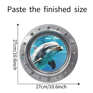 Detail view of 3D submarine window wall sticker with dolphin scene and 27cm dimensions