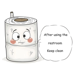 Cartoon toilet paper wall sticker with After using the restroom Keep clean text