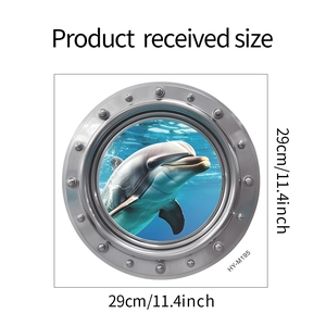 Detail view of 3D submarine window wall sticker with dolphin print measuring 29x29cm