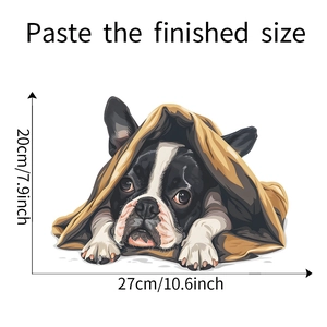 Detail view of cute puppy wall sticker with product dimensions 27cm by 20cm