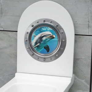 3D ocean porthole wall sticker featuring a dolphin swimming for bathroom decor
