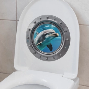 Detailed view of a 3D porthole wall sticker featuring a dolphin swimming in blue ocean water