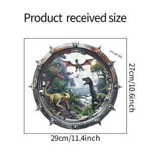 Detail view showing 29x27cm dimensions of 3D dinosaur porthole wall sticker
