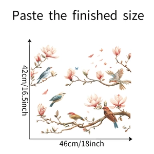 Wall decal showing Magnolia flowers and birds with finished size dimensions 42x46cm