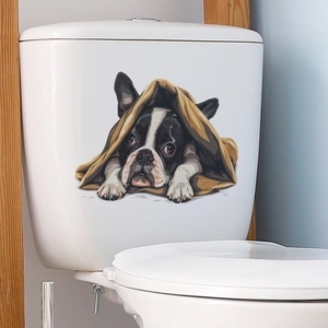 Cute cartoon puppy dog sticker on white toilet tank for nursery bathroom wall decor
