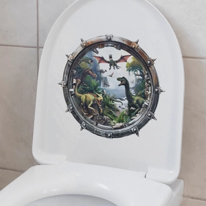 3D Jurassic dinosaur toilet lid sticker with waterproof submarine window design for bathroom