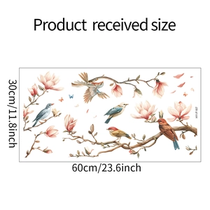 Detail view of magnolia flower, birds, and butterfly wall sticker with 30x60cm dimensions