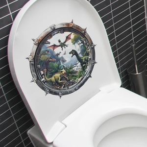 Detailed 3D dinosaur world sticker showing various species on a white toilet lid cover