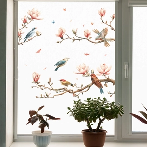 Pink magnolia flower wall stickers with birds and butterflies for glass window decoration