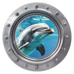 3D porthole wall decal featuring a realistic dolphin jumping from deep blue ocean water
