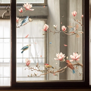 Detailed wall sticker showing magnolia flowers and birds in an elegant room setting