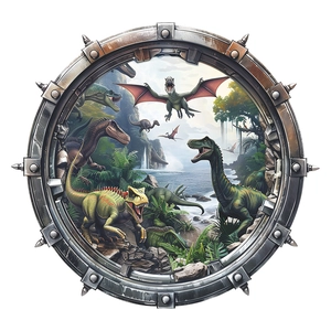 3D Jurassic dinosaur porthole wall sticker with steampunk metallic frame for room decor