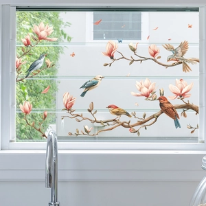 Pink magnolia flower window static stickers with realistic birds and butterflies for home