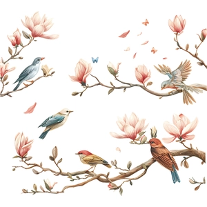 Elegant magnolia flowers with birds and butterflies wall sticker on white background