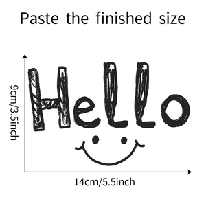 Detailed dimension guide for Hello and smiley face wall decal, 14cm wide by 9cm high