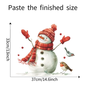 Detail view of snowman and robin wall sticker showing finished size of 37x33cm