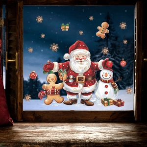 Christmas window decals with Santa Snowman Gingerbread Man on vintage wood glass